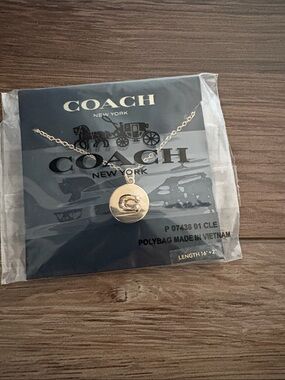 Coach Gold Tone Circular Pendant Necklace Modern Logo NWT